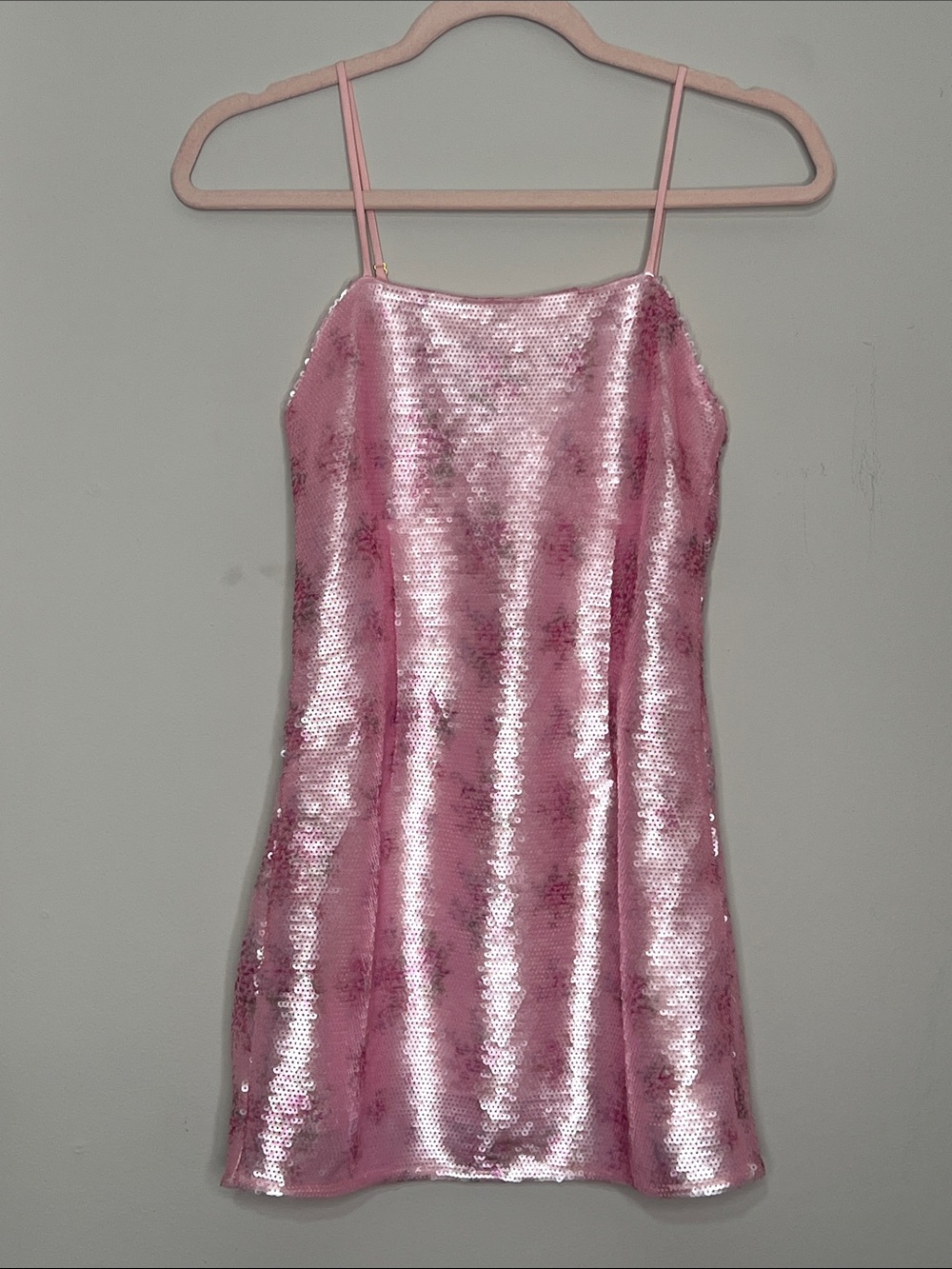 LOVESHACKFANCY Pink Rose Sequin Mini Dress Adjustable Straps Lined w tag flaw